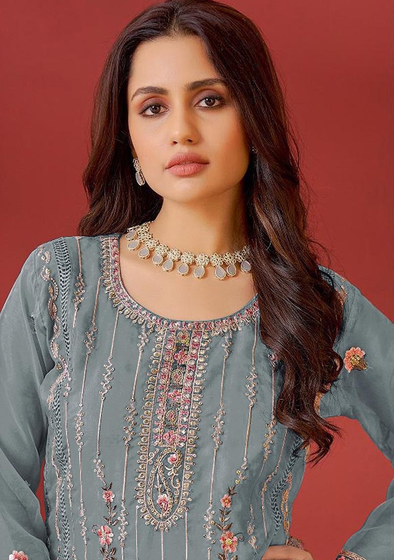 Dark Grey Embroidered Faux Georgette Kurta Set