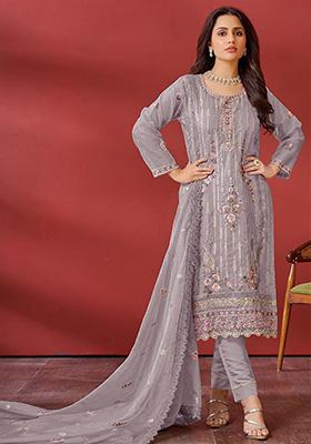 Slate Grey Embroidered Faux Georgette Kurta Set