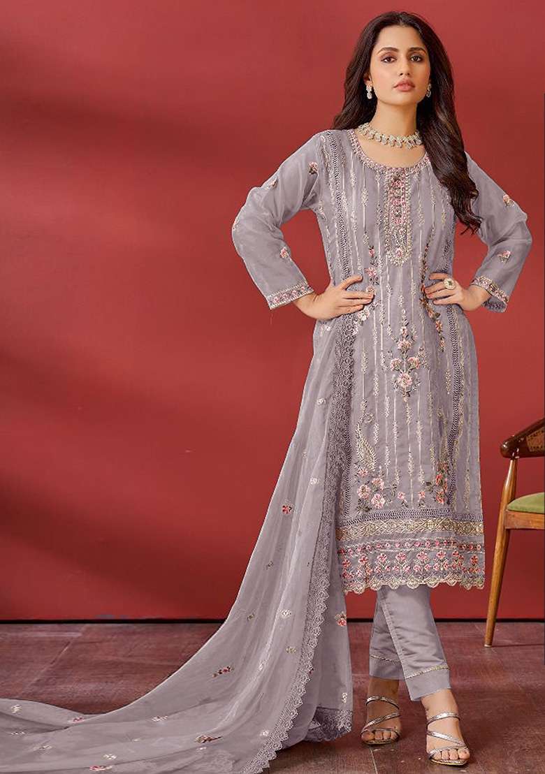 Slate Grey Embroidered Faux Georgette Kurta Set - Indya