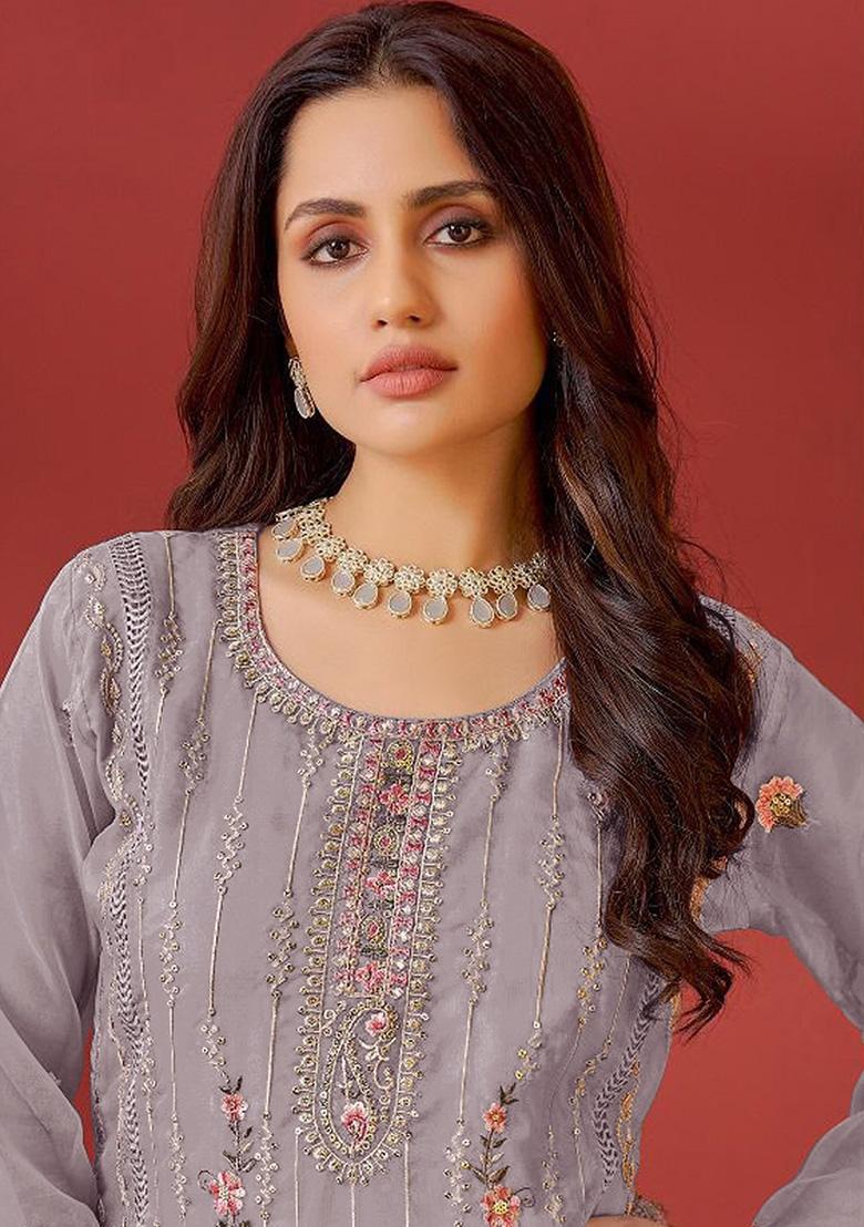 Slate Grey Embroidered Faux Georgette Kurta Set