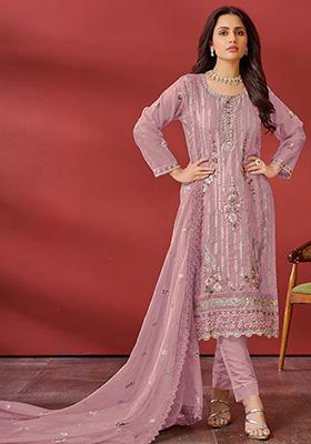 Dark Pink Embroidered Faux Georgette Kurta Set