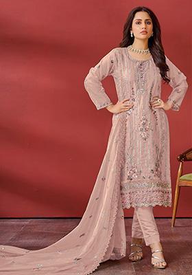 Pink Embroidered Faux Georgette Kurta Set