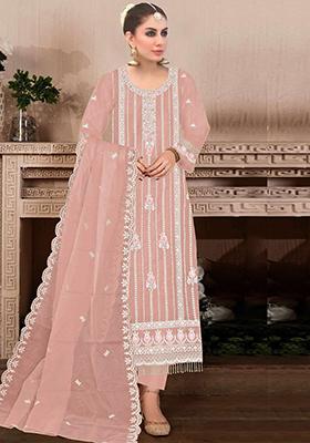 Peach Embroidered Faux Georgette Kurta Set