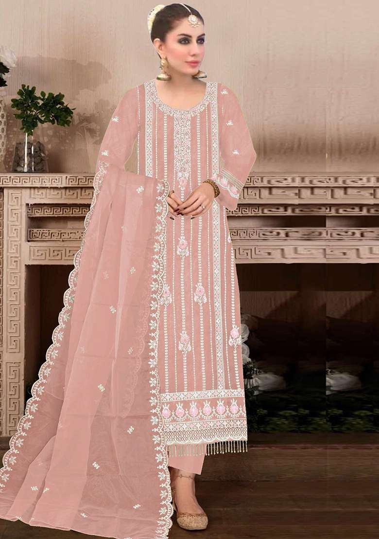 Peach Embroidered Georgette Pakistani Suit Set - Indya