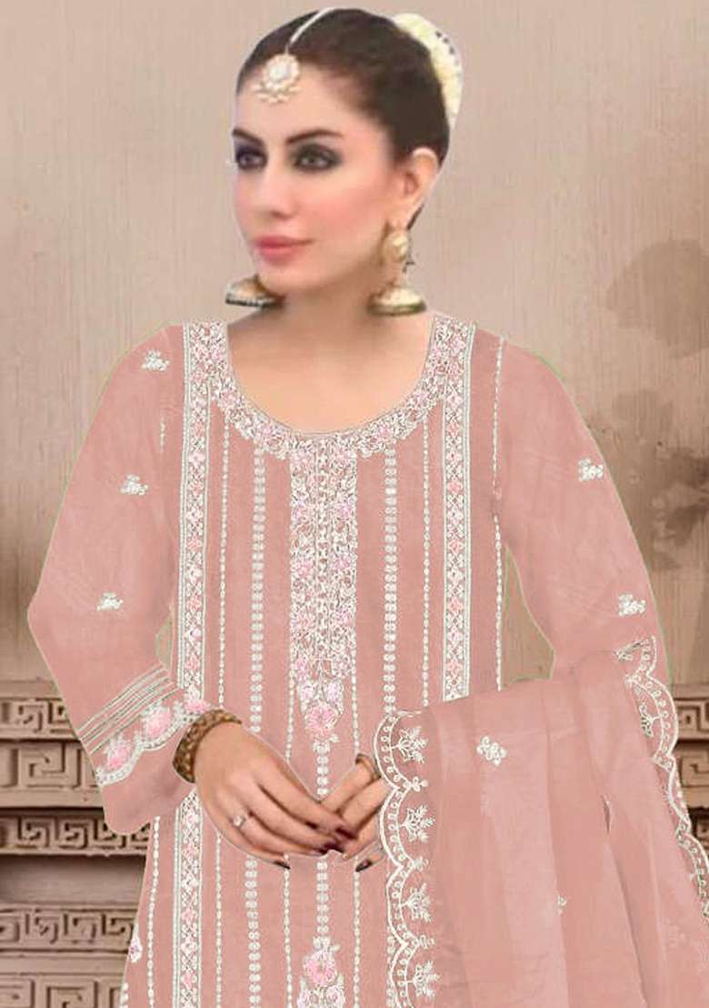 Peach Embroidered Georgette Pakistani Suit Set - Indya