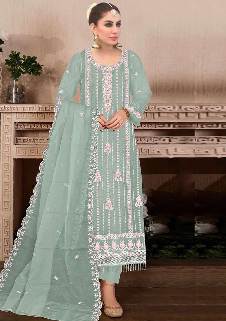 Light Green Embroidered Faux Blooming Pakistani Suit Set - Indya