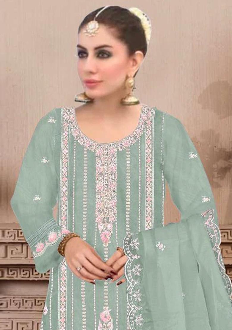 Light Green Embroidered Faux Georgette Kurta Set