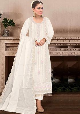 White Embroidered Faux Georgette Kurta Set