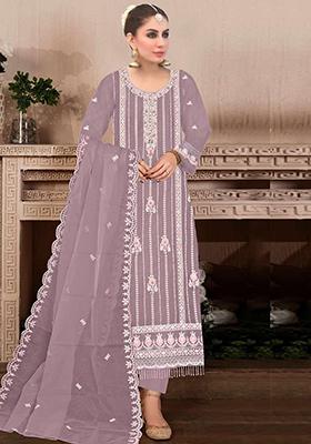 Purple Embroidered Faux Georgette Kurta Set