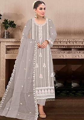 Light Grey Embroidered Faux Georgette Kurta Set