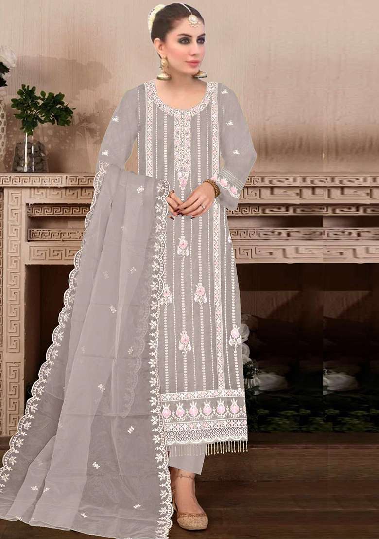 Light Grey Embroidered Faux Georgette Kurta Set - Indya