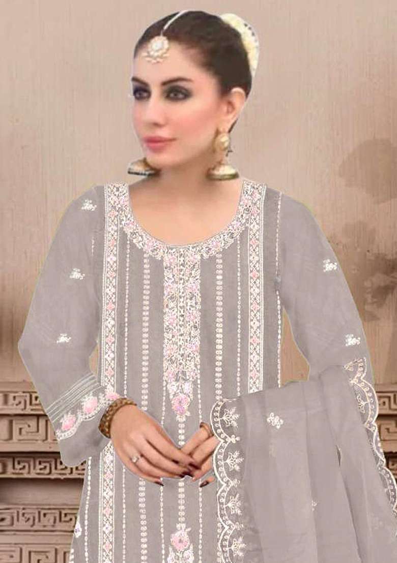 Light Grey Embroidered Faux Georgette Kurta Set - Indya