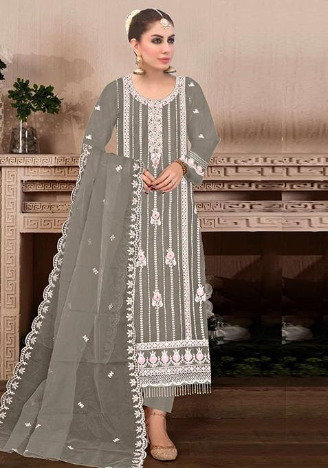 Dark Grey Embroidered Faux Georgette Kurta Set