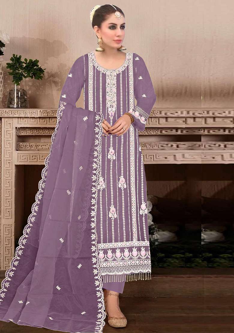 Lavender Embroidered Georgette Pakistani Suit Set - Indya