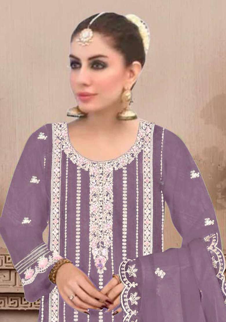 Lavender Embroidered Georgette Pakistani Suit Set - Indya