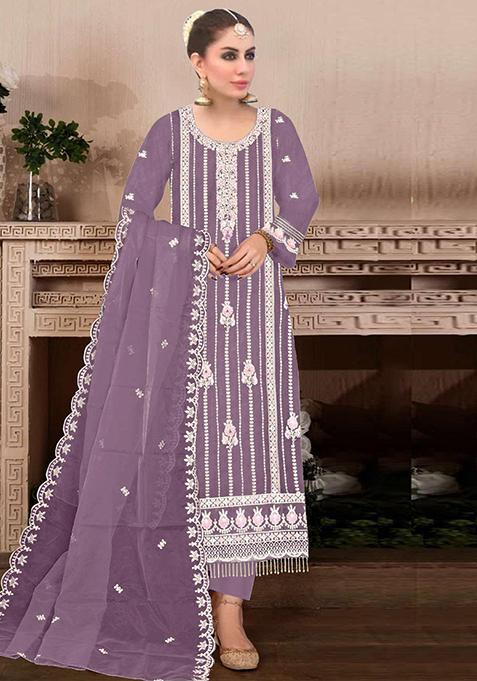 Lavender Embroidered Faux Georgette Kurta Set