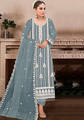 Light Teal Embroidered Faux Georgette Kurta Set