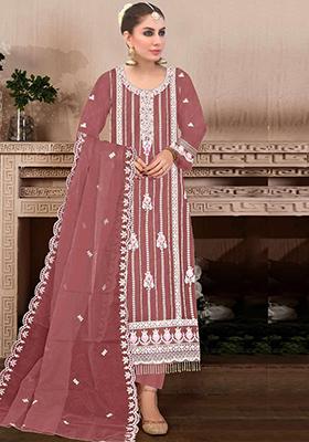 Brown Embroidered Georgette Pakistani Suit Set