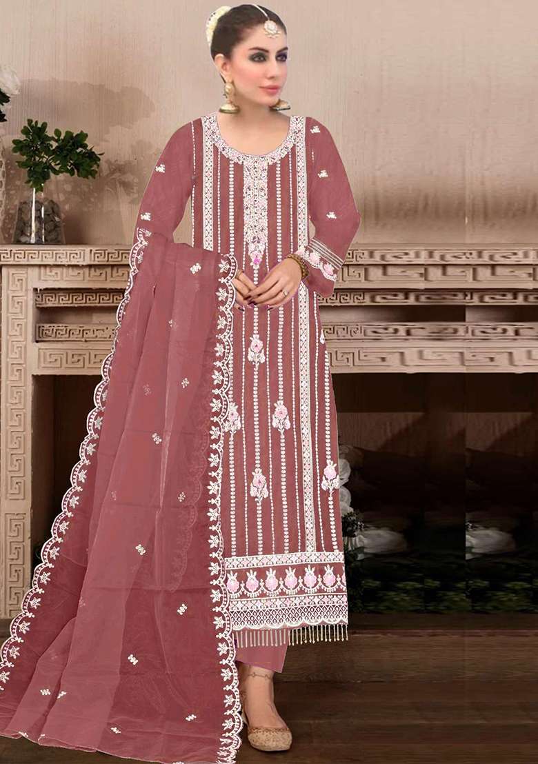 Brown Embroidered Georgette Pakistani Suit Set - Indya