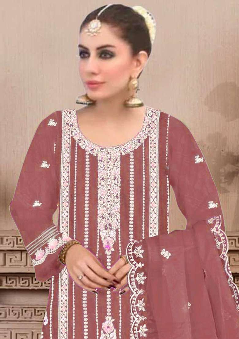 Brown Embroidered Georgette Pakistani Suit Set - Indya