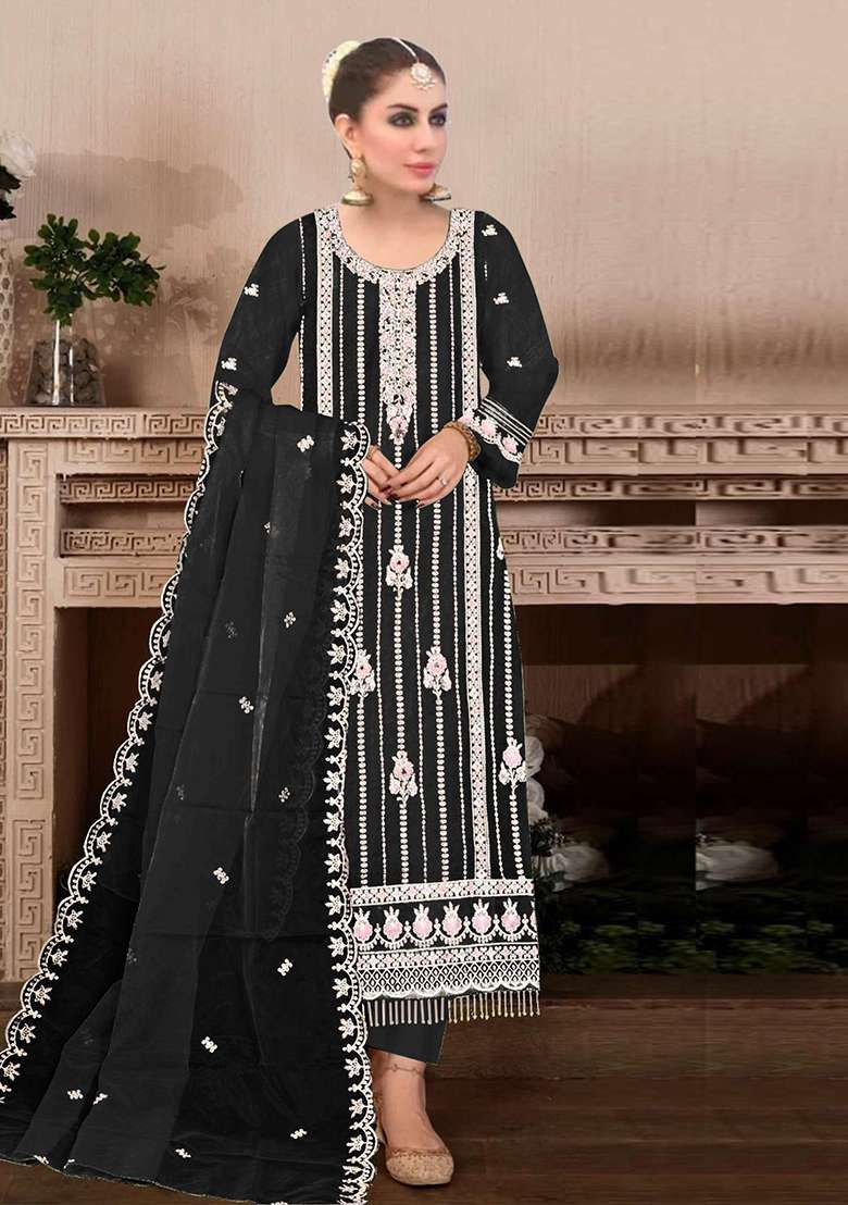 Black Embroidered Faux Georgette Kurta Set - Indya