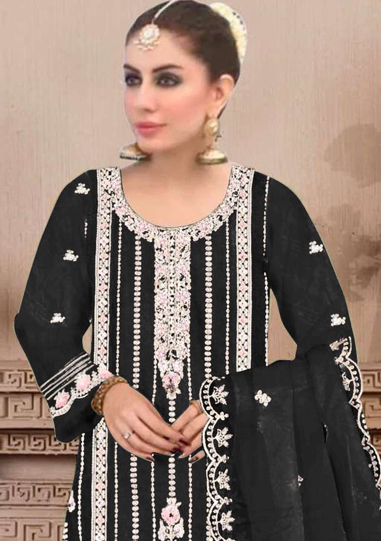 Black Embroidered Faux Georgette Kurta Set - Indya