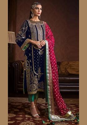 Navy Blue Embroidered Velvet Kurta Set