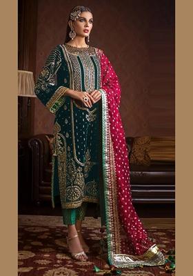 Green Embroidered Velvet Kurta Set