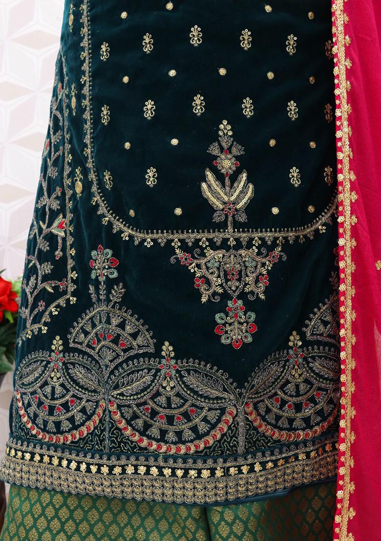 Green Embroidered Velvet Kurta Set