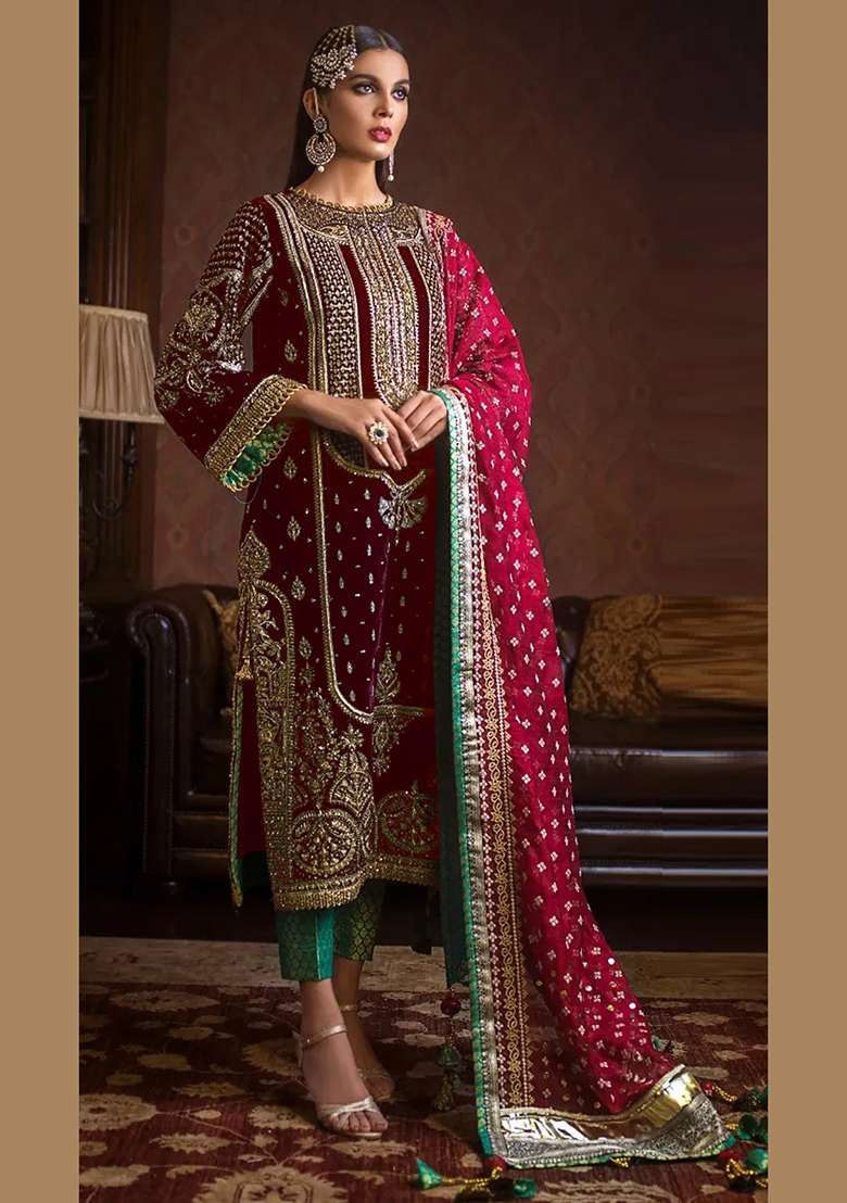 Maroon Embroidered Velvet Kurta Set - Indya