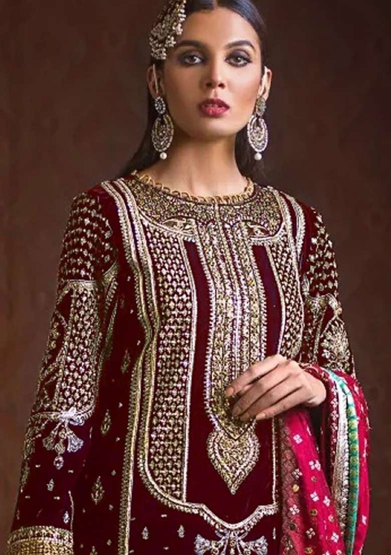 Maroon Embroidered Velvet Kurta Set - Indya