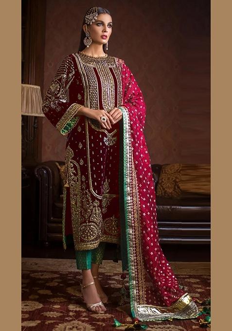 Maroon Embroidered Velvet Kurta Set