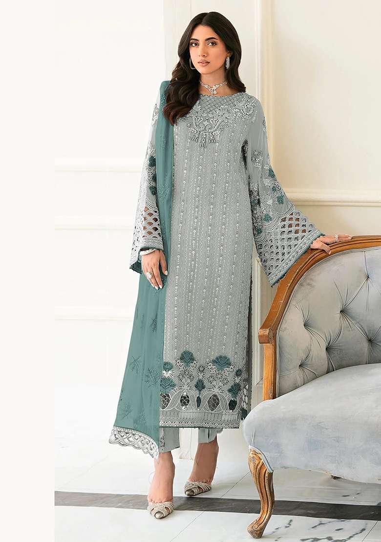Grey Embroidered Faux Georgette Kurta Set - Indya