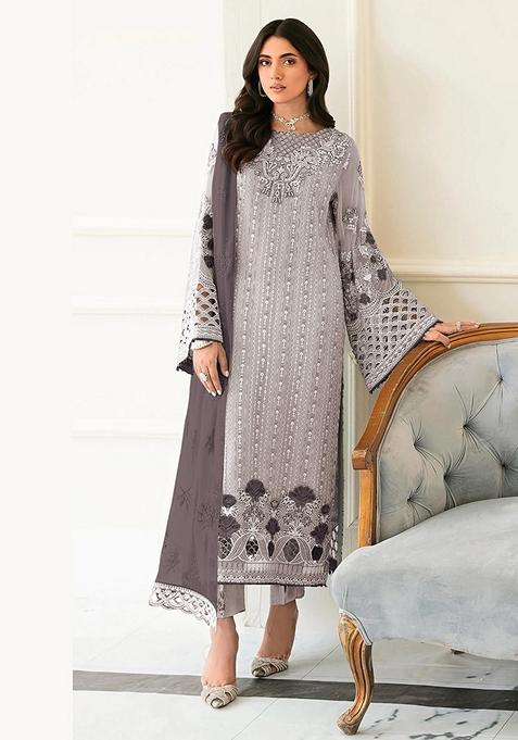 Grey Embroidered Faux Georgette Kurta Set