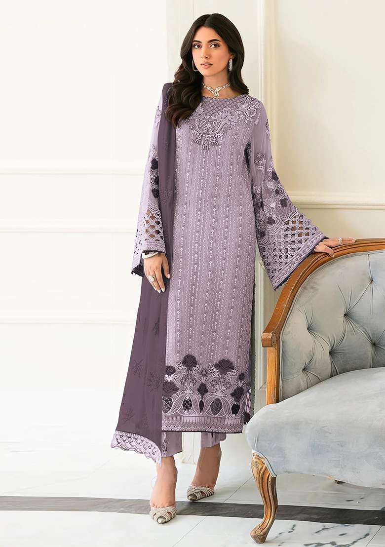 Lavender Embroidered Faux Georgette Kurta Set - Indya