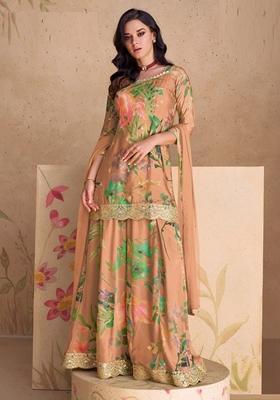 Orange Printed Pure Silk Blend Kurta Set