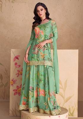 Green Printed Pure Silk Blend Kurta Set
