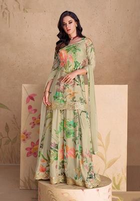 Beige Printed Pure Silk Blend Kurta Set