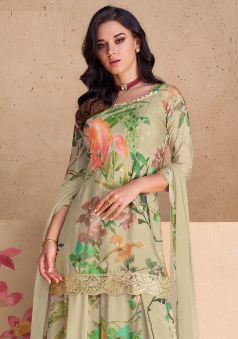 Beige Printed Pure Silk Blend Kurta Set