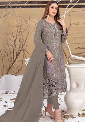 Slate Grey Embroidered Faux Georgette Kurta Set