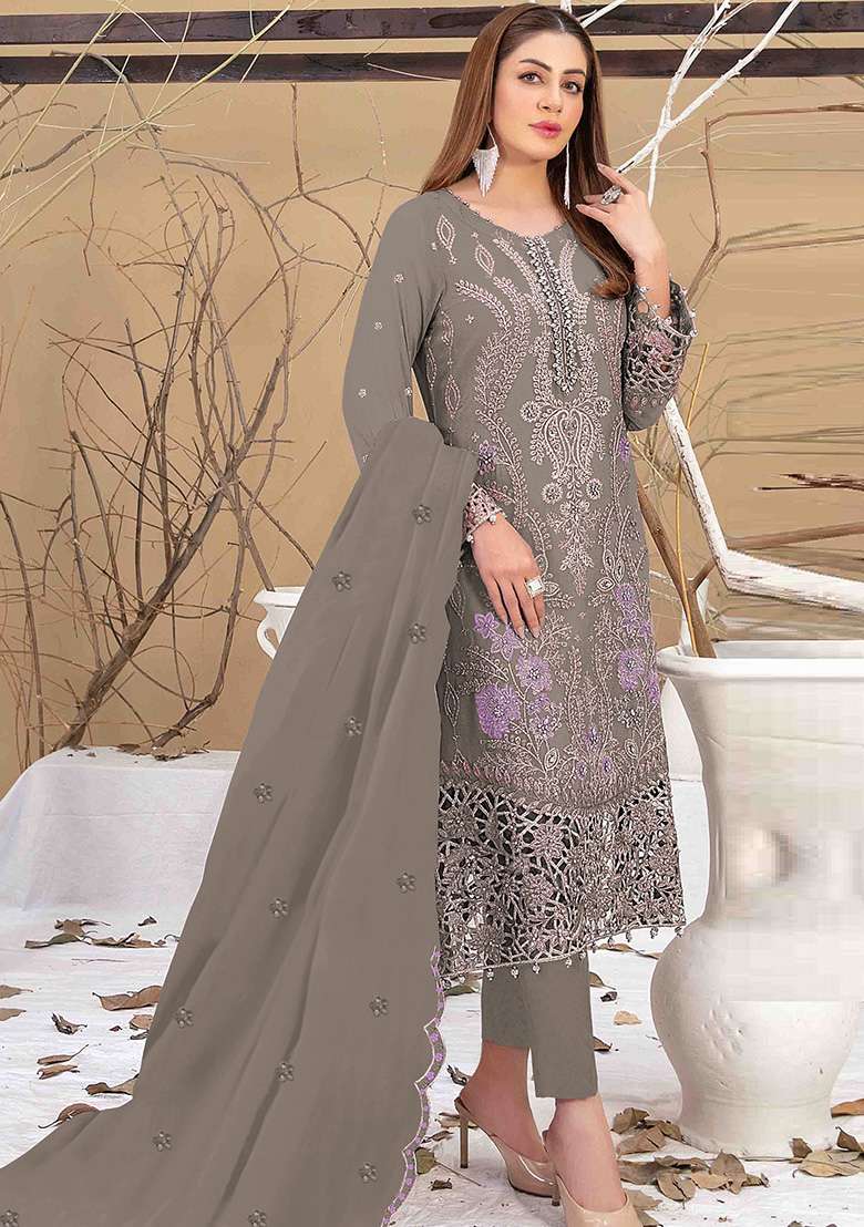 Slate Grey Embroidered Faux Blooming Pakistani Suit Set - Indya