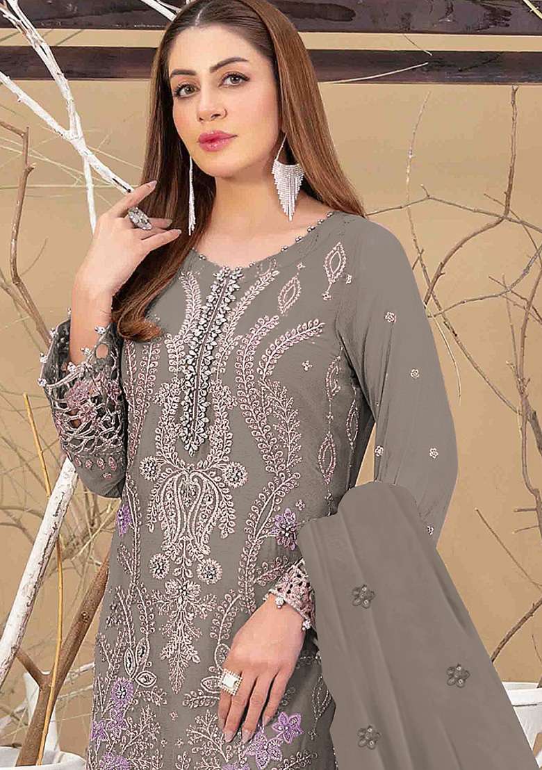 Slate Grey Embroidered Faux Blooming Pakistani Suit Set - Indya