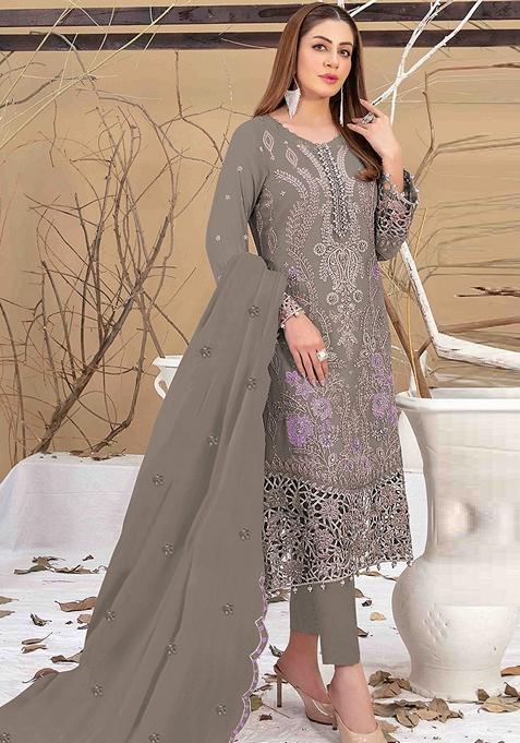 Slate Grey Embroidered Faux Georgette Kurta Set
