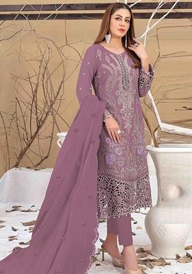 Dark Peach Embroidered Faux Georgette Kurta Set