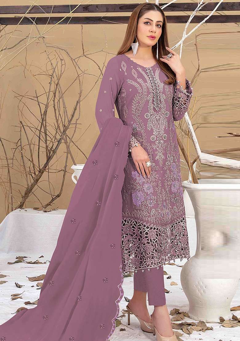 Dark Peach Embroidered Faux Blooming Pakistani Suit Set - Indya
