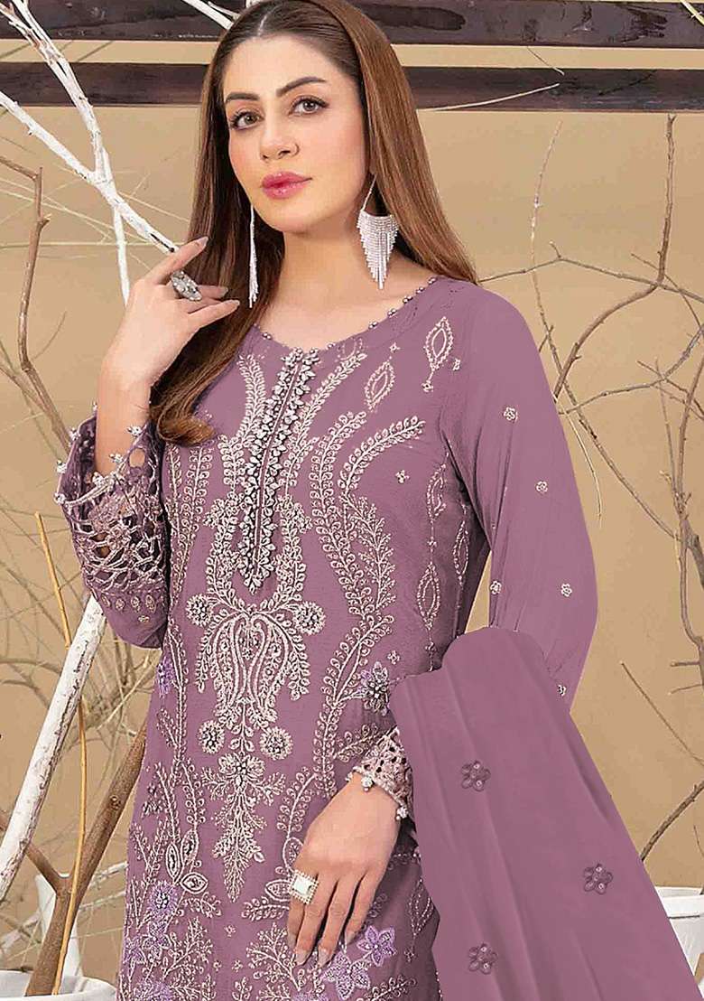 Dark Peach Embroidered Faux Blooming Pakistani Suit Set - Indya