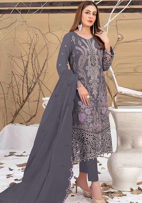 Dark Grey Embroidered Faux Georgette Kurta Set