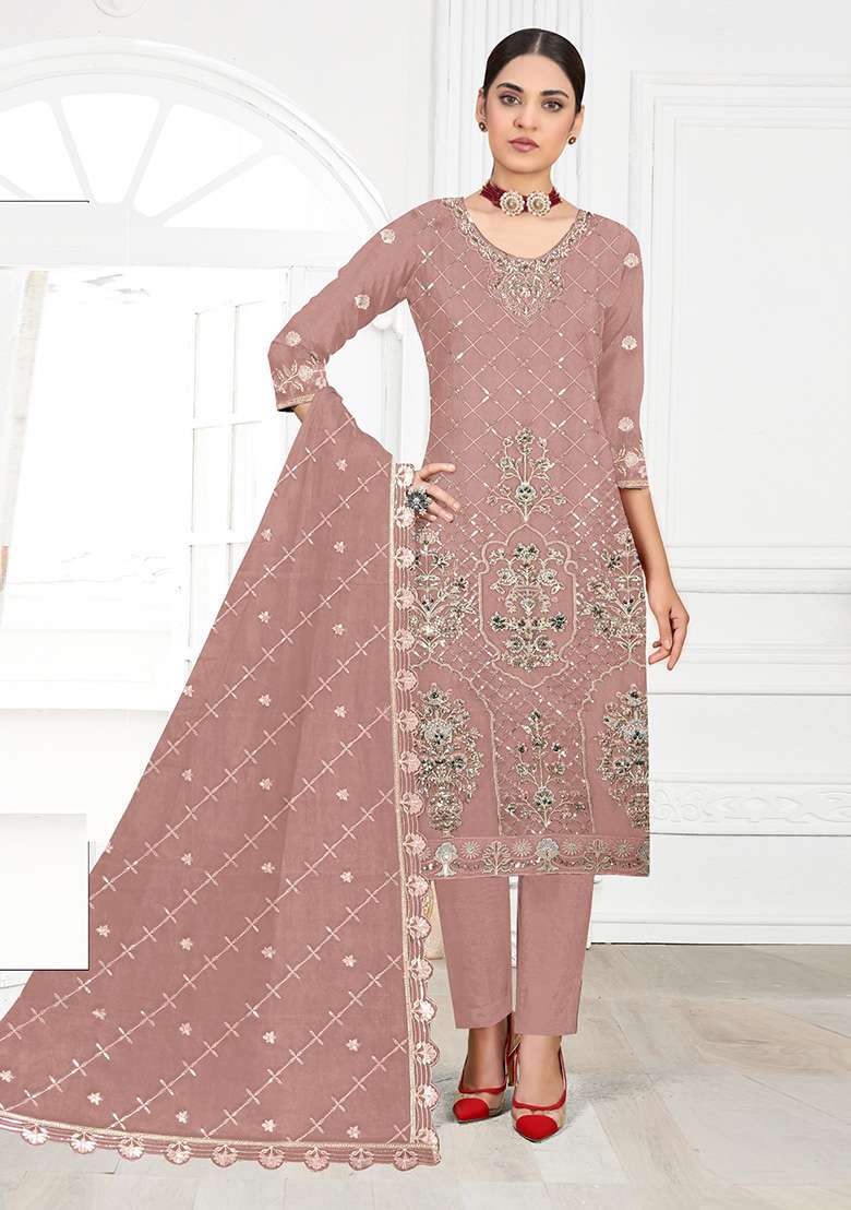 Peach Embroidered Faux Georgette Kurta Set - Indya