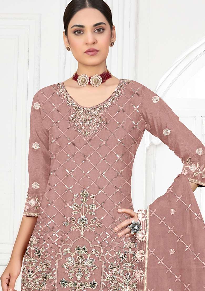 Peach Embroidered Faux Georgette Kurta Set - Indya