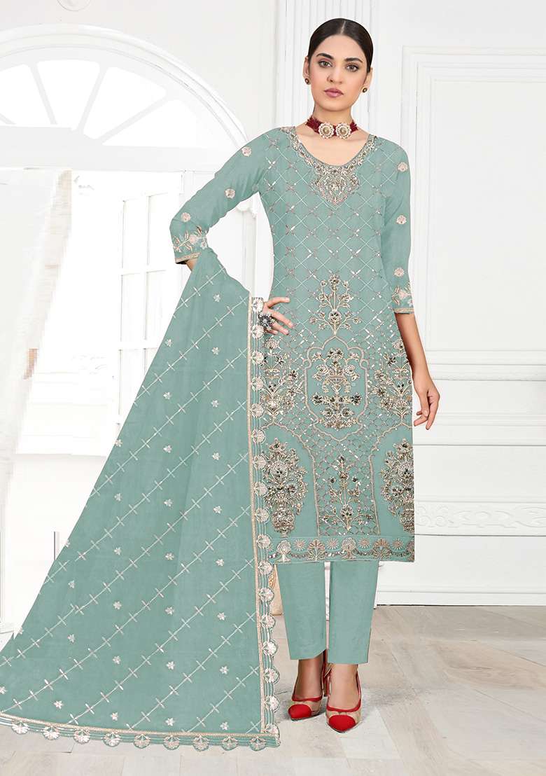 Light Green Embroidered Faux Georgette Kurta Set - Indya